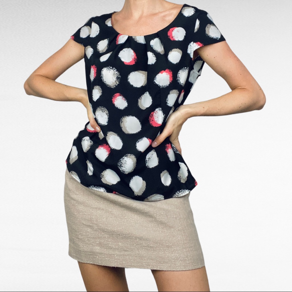 Vintage | 1980’s Kasper Black White Abstract Polka Dots Cap Sleeve Preppy Blouse